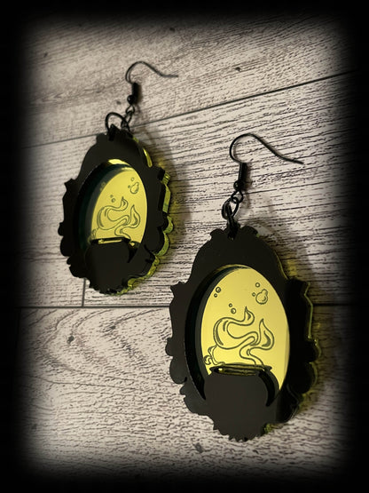 Boiling Cauldron Framed Earrings/GLOWS IN BLACKLIGHT/Fluorescent Neon Green Mirrored Acrylic/Goth/Ren Faire/Halloween