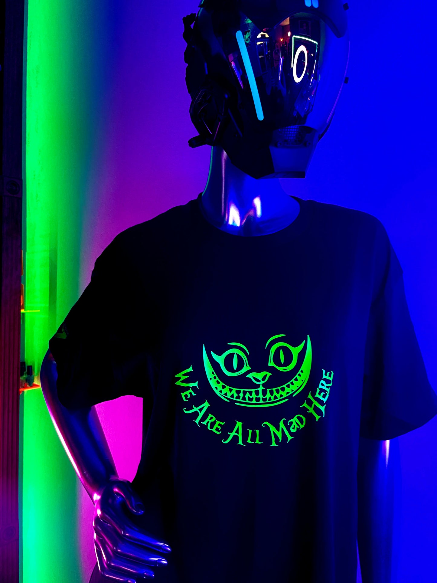 We Are All Mad Here T Shirt/Fluorescent Green/Glows in BLACKLIGHT!!!/Rave/EDC/Wonderland