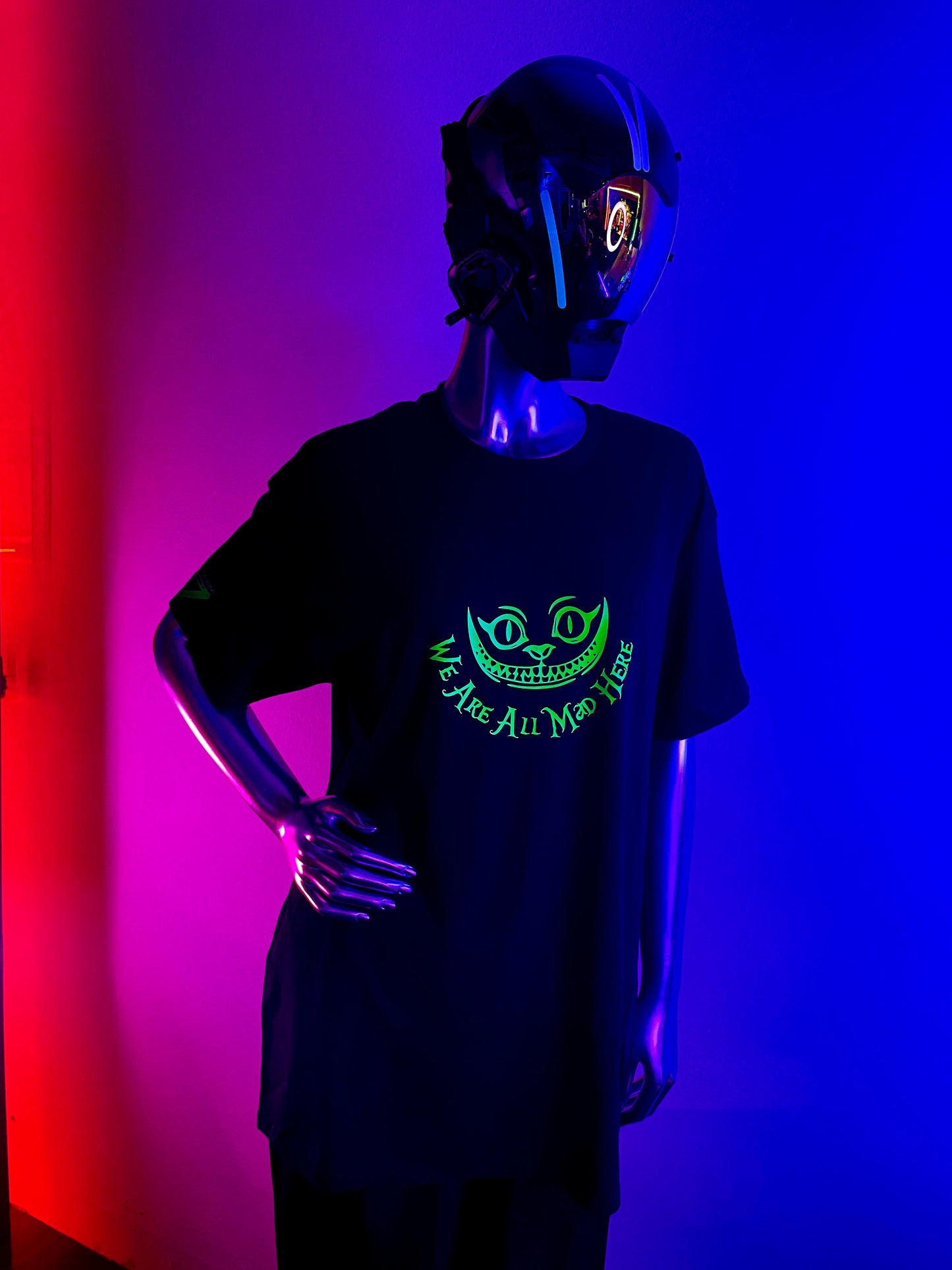 We Are All Mad Here T Shirt/Fluorescent Green/Glows in BLACKLIGHT!!!/Rave/EDC/Wonderland