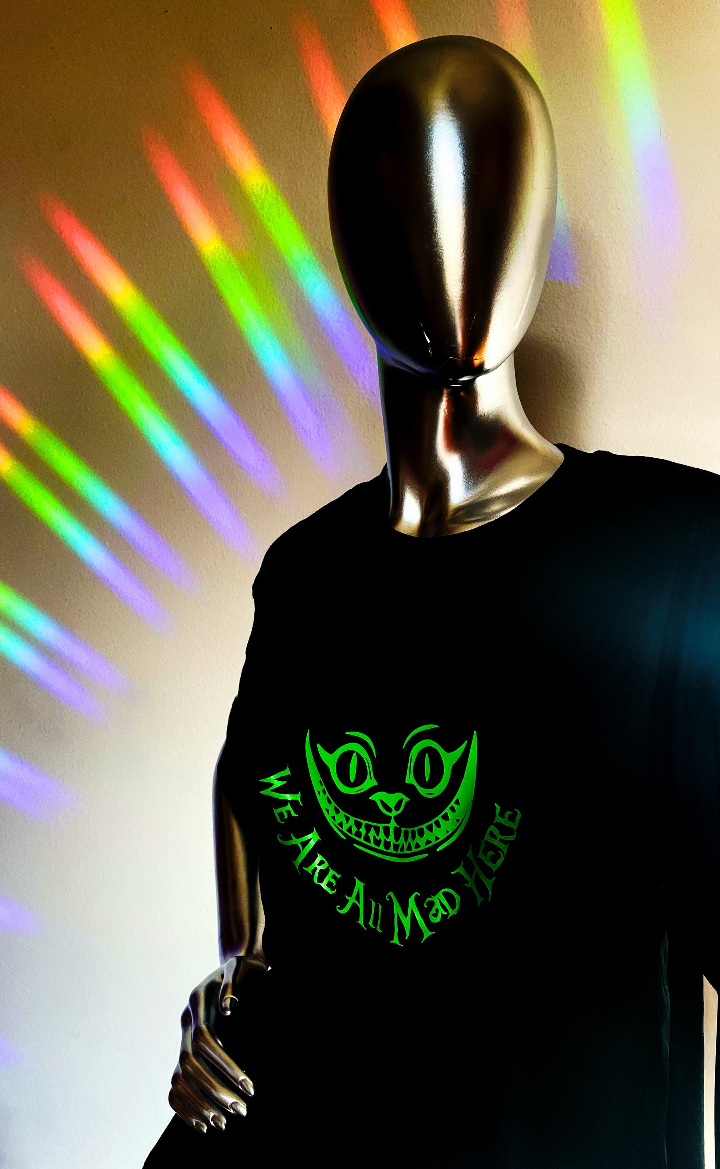 We Are All Mad Here T Shirt/Fluorescent Green/Glows in BLACKLIGHT!!!/Rave/EDC/Wonderland