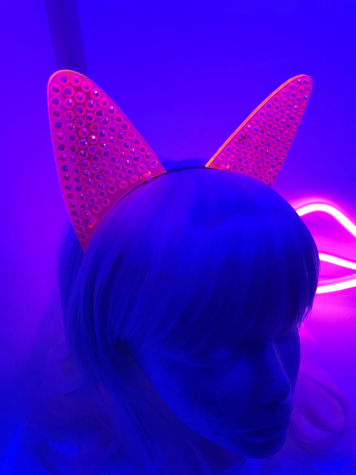 Pavé Rhinestone Fluorescent Neon Cat Ears/Cyberpunk/Rave/EDC/Glows in Blacklight