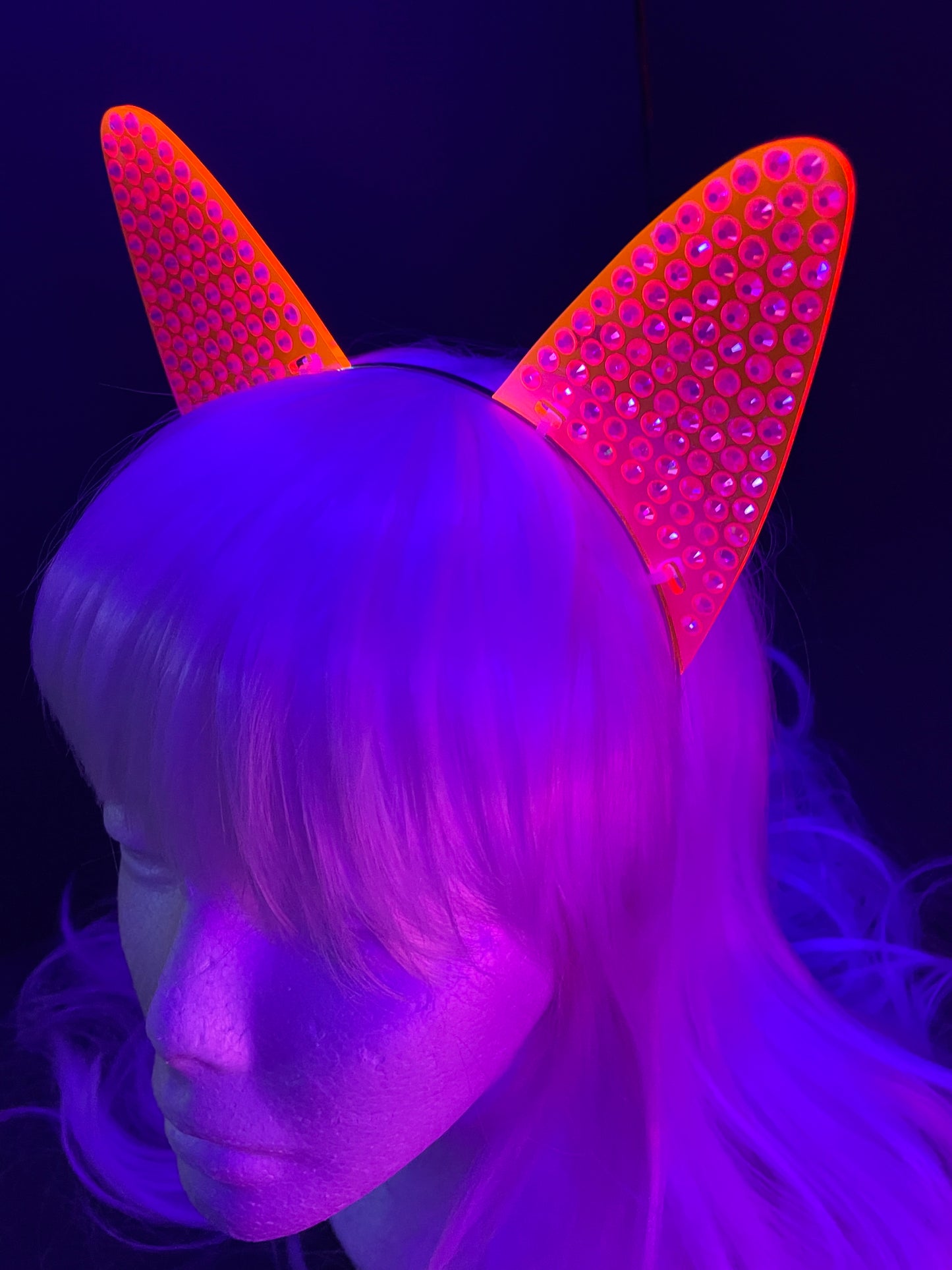 Pavé Rhinestone Fluorescent Neon Cat Ears/Cyberpunk/Rave/EDC/Glows in Blacklight