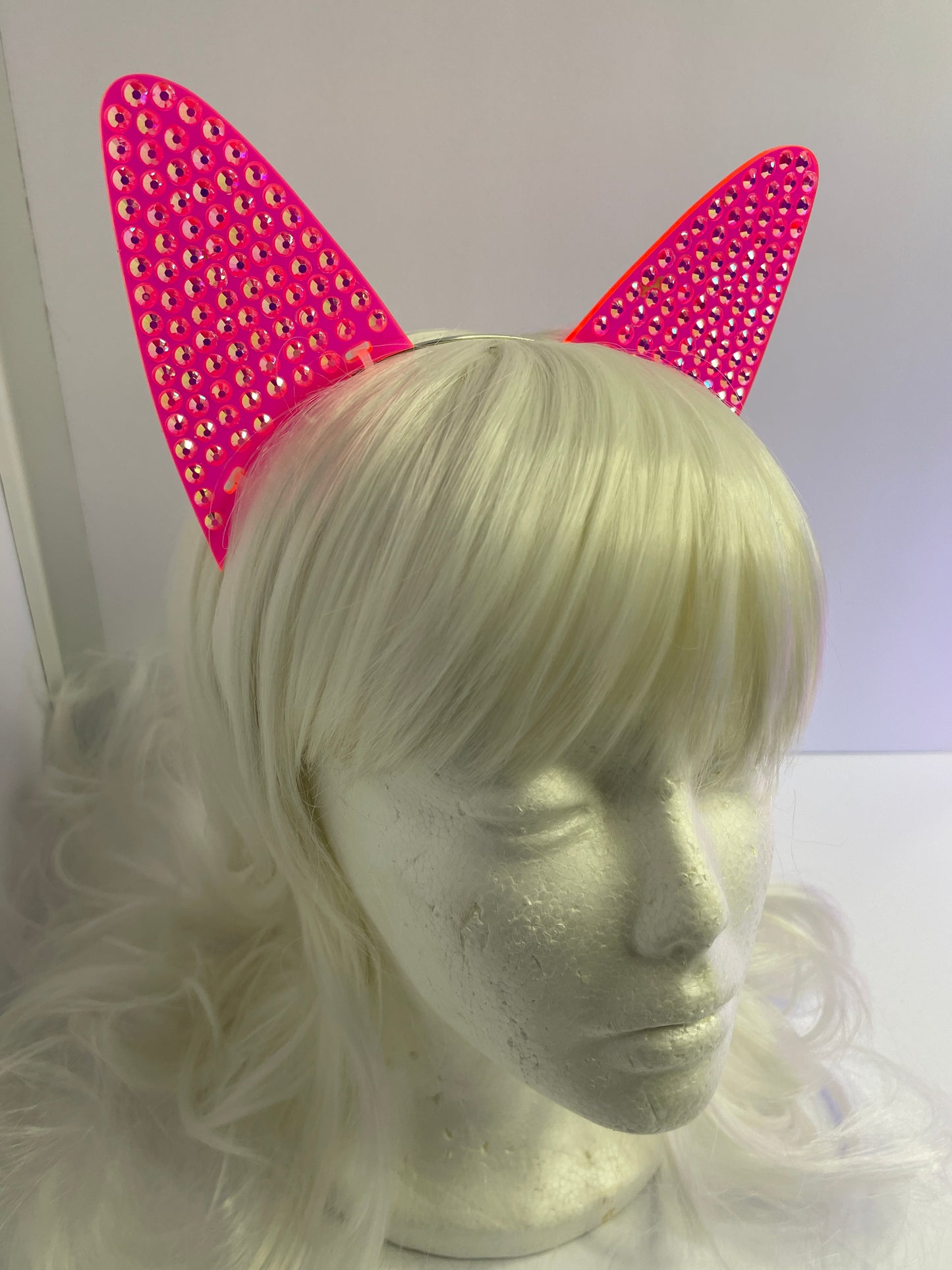 Pavé Rhinestone Fluorescent Neon Cat Ears/Cyberpunk/Rave/EDC/Glows in Blacklight