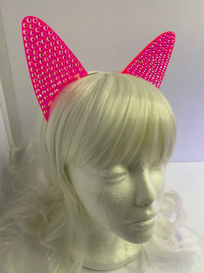 Pavé Rhinestone Fluorescent Neon Cat Ears/Cyberpunk/Rave/EDC/Glows in Blacklight