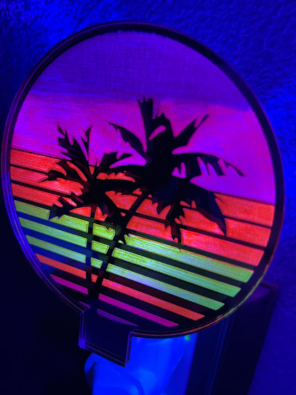 Vaporwave Palm Tree Sunset Night Light/80's Decor/Glows in Black Light/Hand Painted