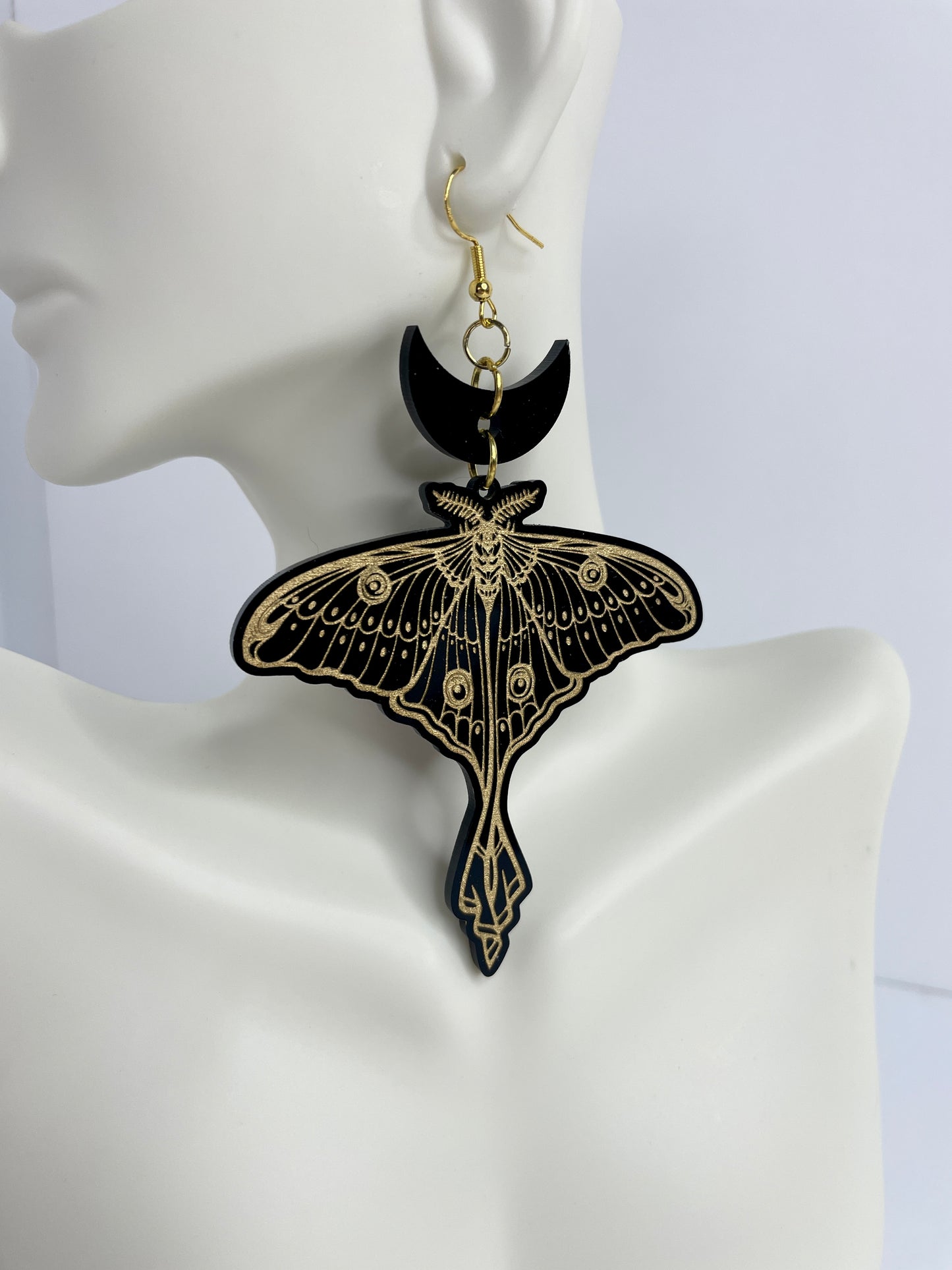 Luna Moth Moon/Black Acrylic Gold Painted Earrings/Witchy/Gothic