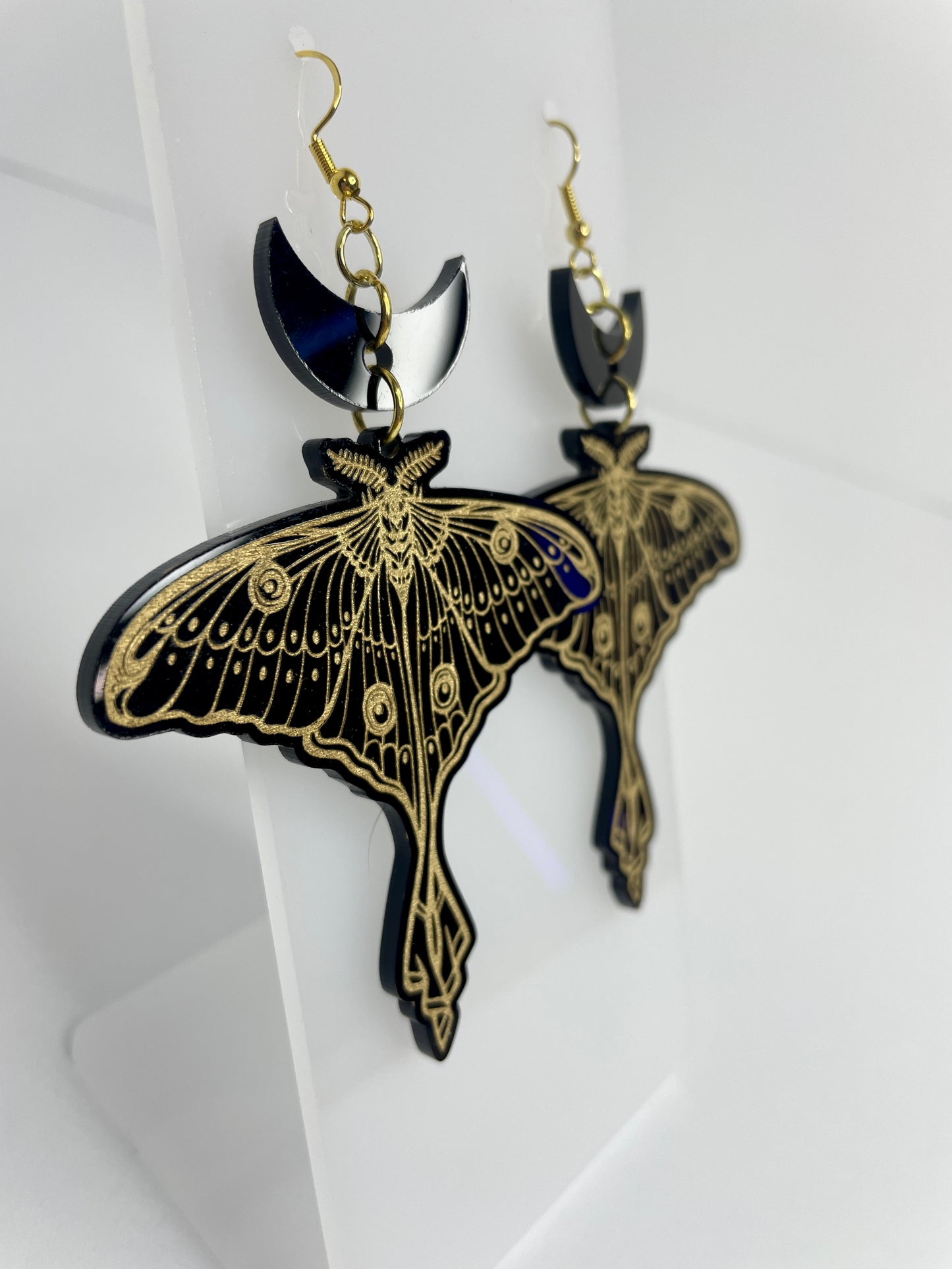 Luna Moth Moon/Black Acrylic Gold Painted Earrings/Witchy/Gothic