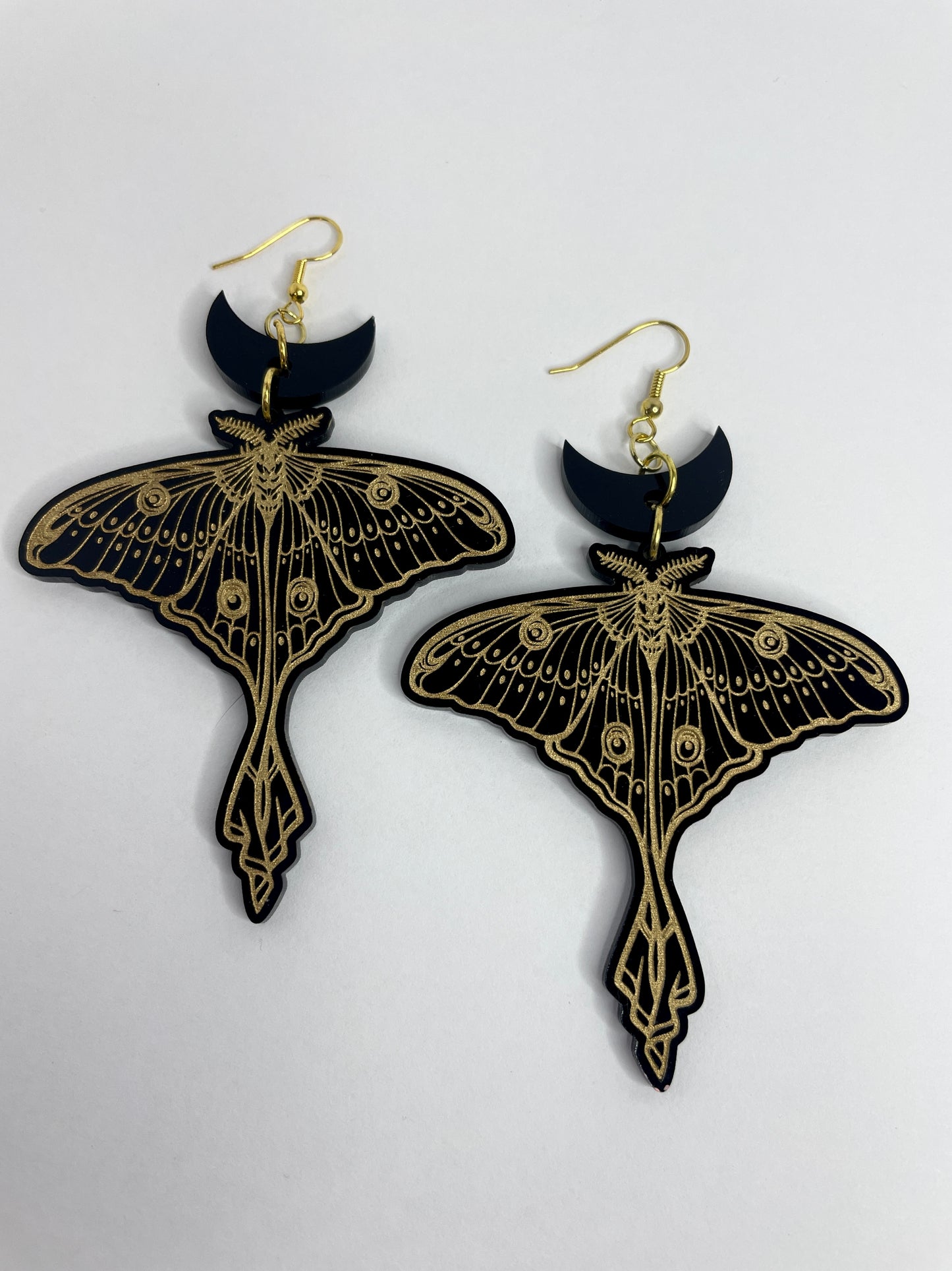 Luna Moth Moon/Black Acrylic Gold Painted Earrings/Witchy/Gothic