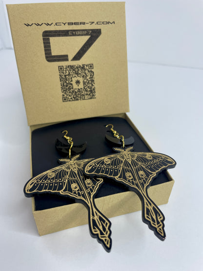 Luna Moth Moon/Black Acrylic Gold Painted Earrings/Witchy/Gothic