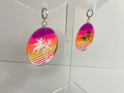 Vaporwave Palm Tree Sunset Earrings/Silver Mirrored Acrylic/Glows in Black Light!!!