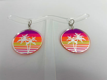 Vaporwave Palm Tree Sunset Earrings/Silver Mirrored Acrylic/Glows in Black Light!!!