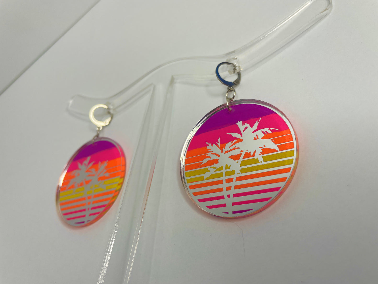 Vaporwave Palm Tree Sunset Earrings/Silver Mirrored Acrylic/Glows in Black Light!!!