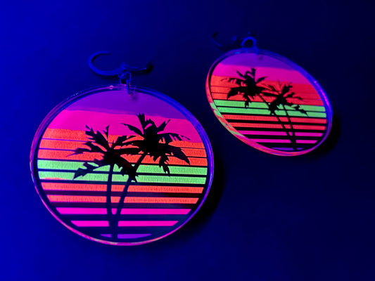 Vaporwave Palm Tree Sunset Earrings/Silver Mirrored Acrylic/Glows in Black Light!!!