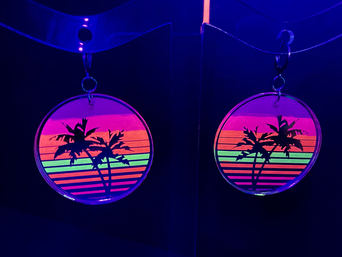 Vaporwave Palm Tree Sunset Earrings/Silver Mirrored Acrylic/Glows in Black Light!!!