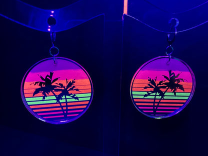 Vaporwave Palm Tree Sunset Earrings/Silver Mirrored Acrylic/Glows in Black Light!!!