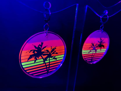 Vaporwave Palm Tree Sunset Earrings/Silver Mirrored Acrylic/Glows in Black Light!!!