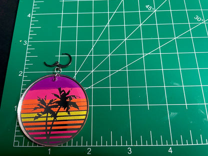 Vaporwave Palm Tree Sunset Earrings/Silver Mirrored Acrylic/Glows in Black Light!!!