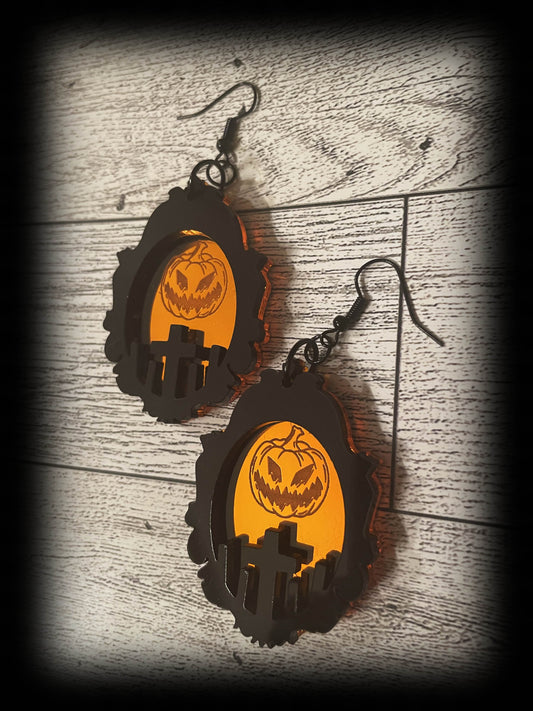 Jack O Lantern with Cemetery Framed Earrings/Orange Mirrored Acrylic/Goth/Ren Faire/Halloween