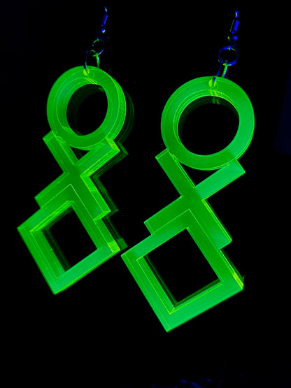 O X and Square Geometric Earrings/Fluorescent Neon Acrylic/Blacklight/EDC/Rave/Cyberpunk