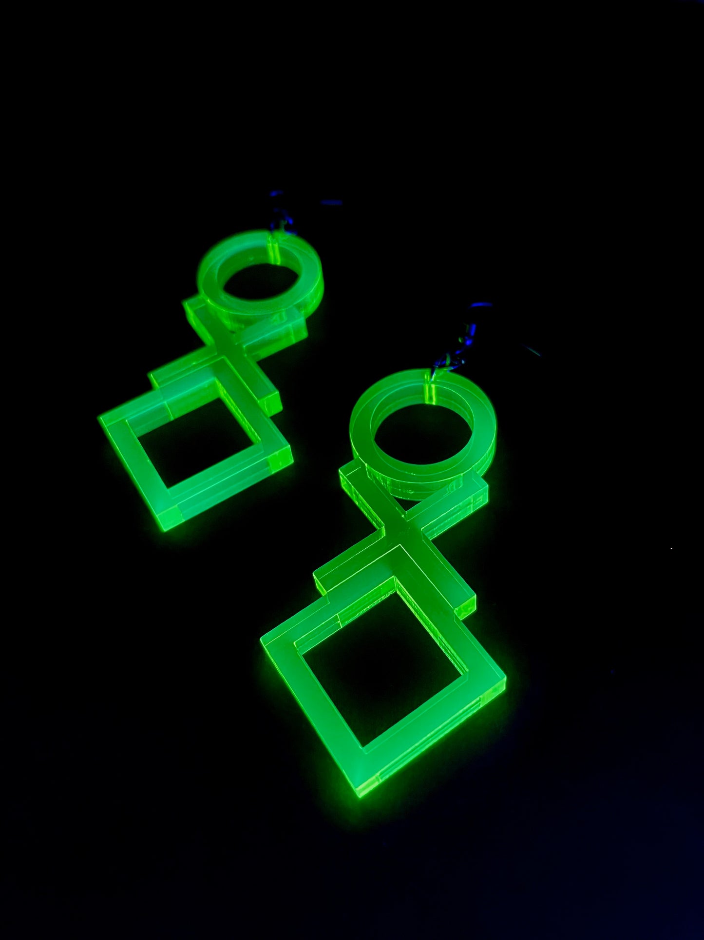 O X and Square Geometric Earrings/Fluorescent Neon Acrylic/Blacklight/EDC/Rave/Cyberpunk