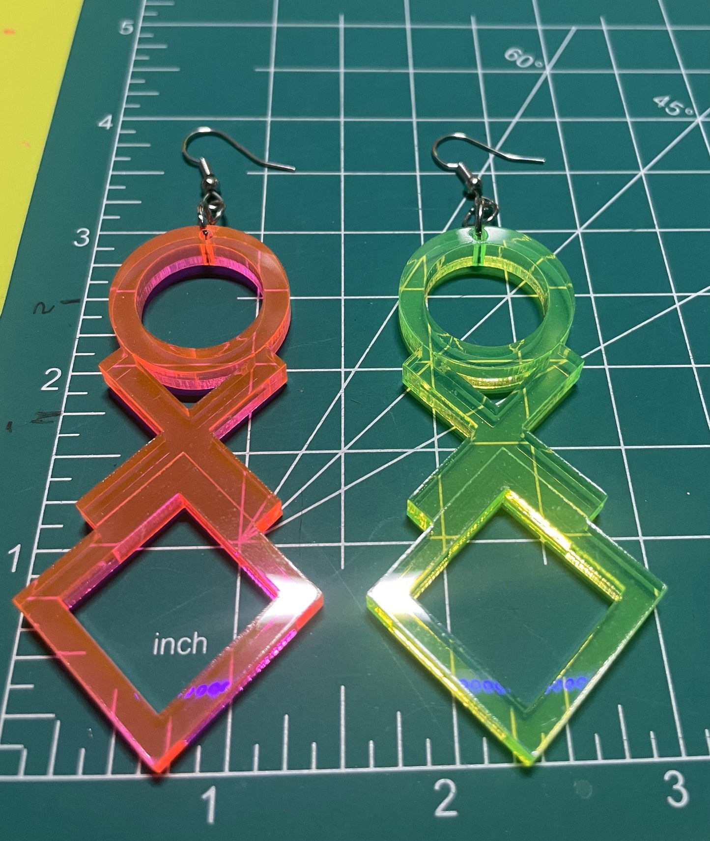 O X and Square Geometric Earrings/Fluorescent Neon Acrylic/Blacklight/EDC/Rave/Cyberpunk