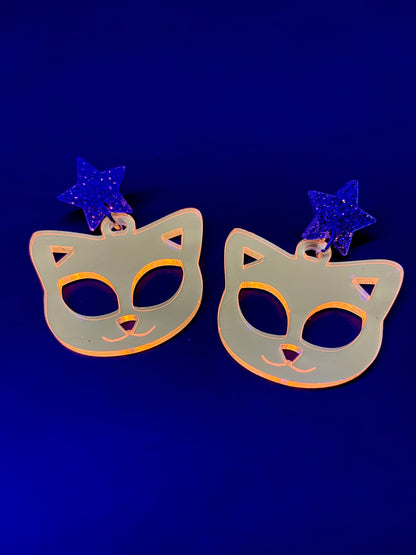 Space Kitty Neon Acrylic Earrings/ Rave/Festival accessory/Music festival accessory/EDC outfit/Fluorescent Acrylic/Blacklight