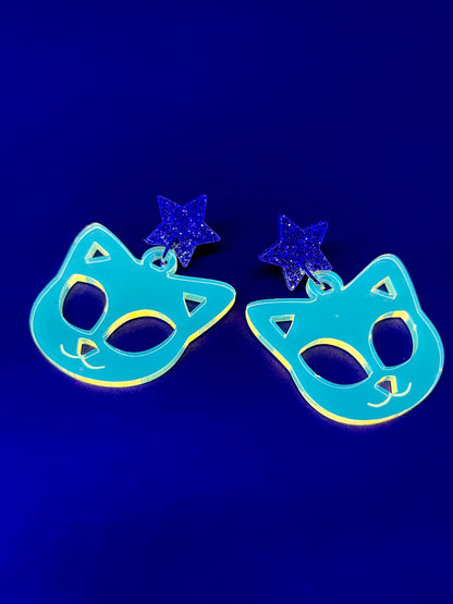 Space Kitty Neon Acrylic Earrings/ Rave/Festival accessory/Music festival accessory/EDC outfit/Fluorescent Acrylic/Blacklight