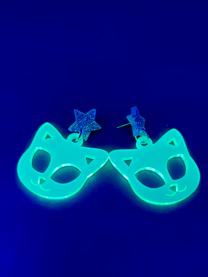 Space Kitty Neon Acrylic Earrings/ Rave/Festival accessory/Music festival accessory/EDC outfit/Fluorescent Acrylic/Blacklight