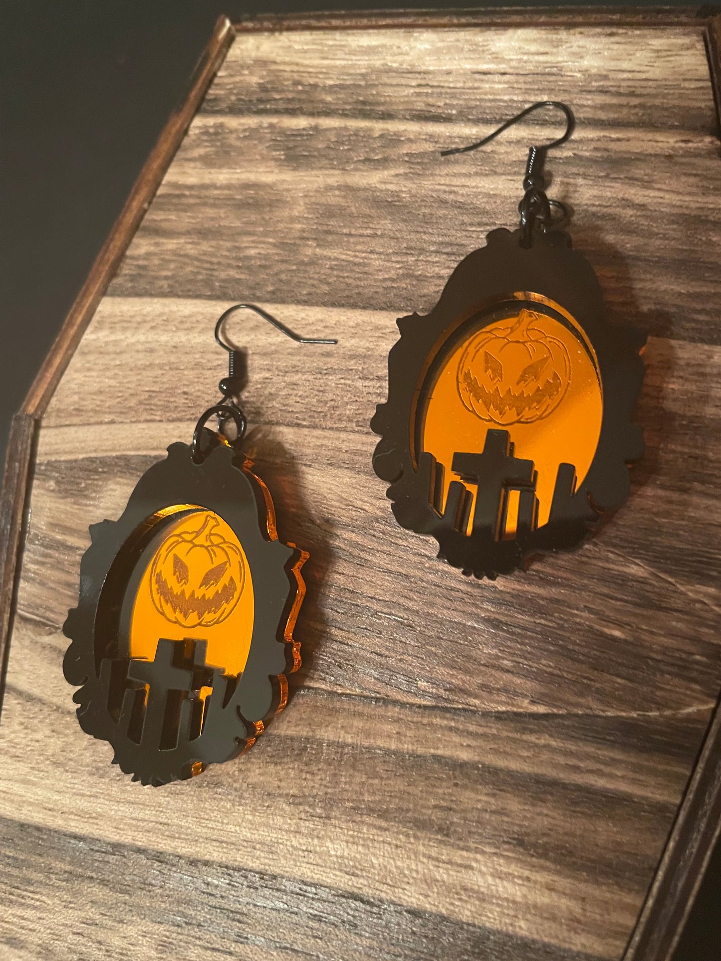 Jack O Lantern with Cemetery Framed Earrings/Orange Mirrored Acrylic/Goth/Ren Faire/Halloween