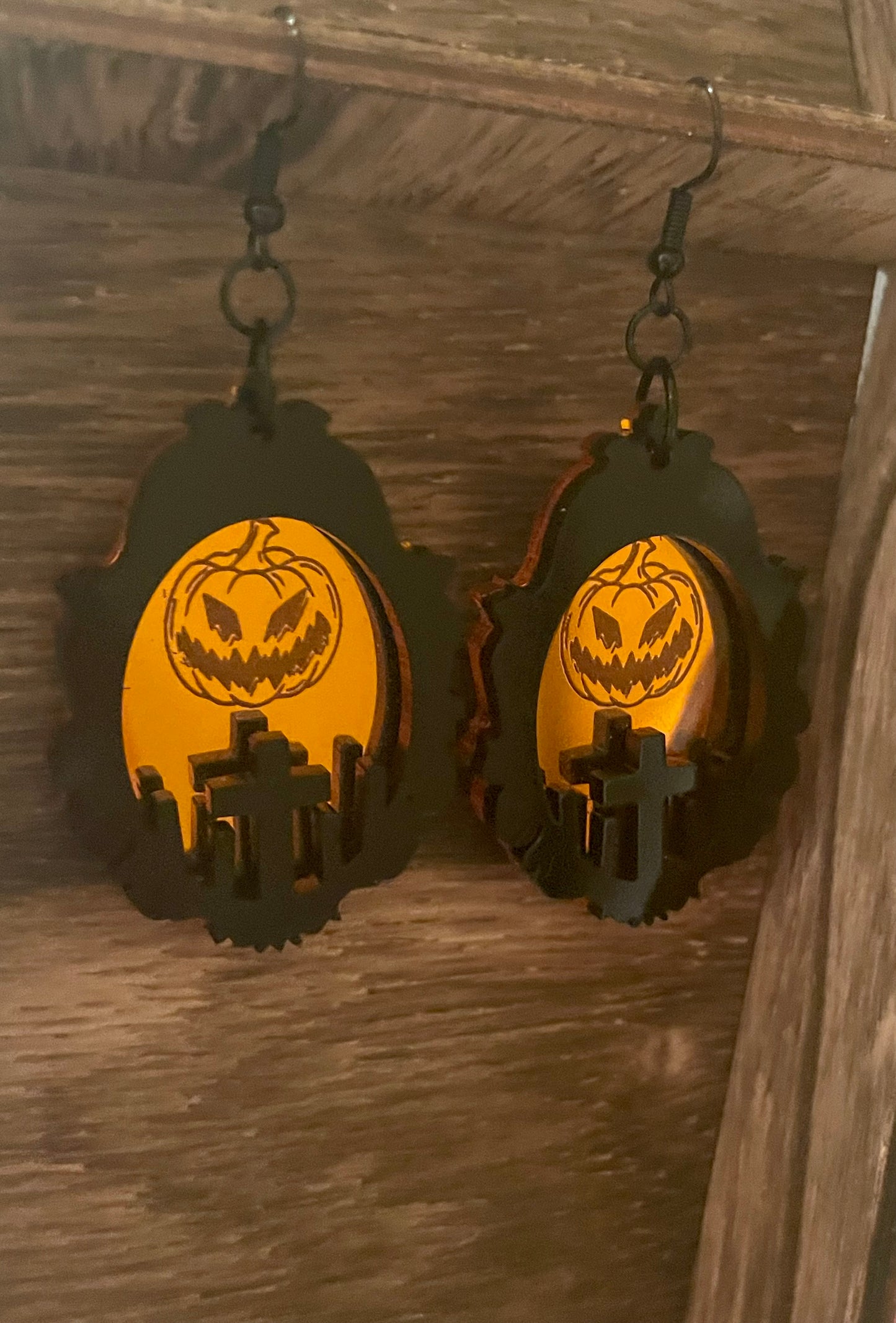 Jack O Lantern with Cemetery Framed Earrings/Orange Mirrored Acrylic/Goth/Ren Faire/Halloween