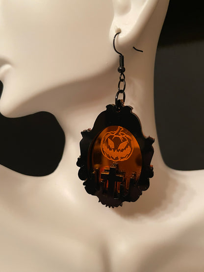 Jack O Lantern with Cemetery Framed Earrings/Orange Mirrored Acrylic/Goth/Ren Faire/Halloween