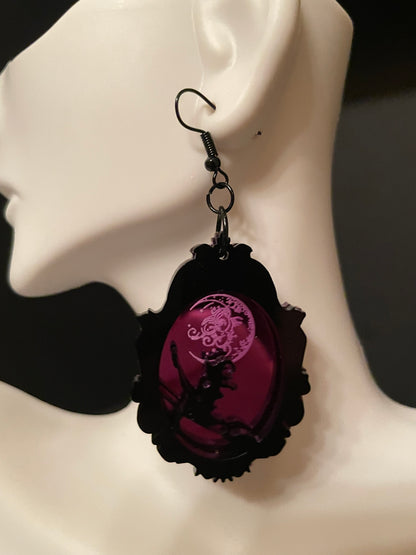 Witch and Moon Framed Earrings/Purple Mirrored Acrylic/Goth/Ren Faire/Halloween