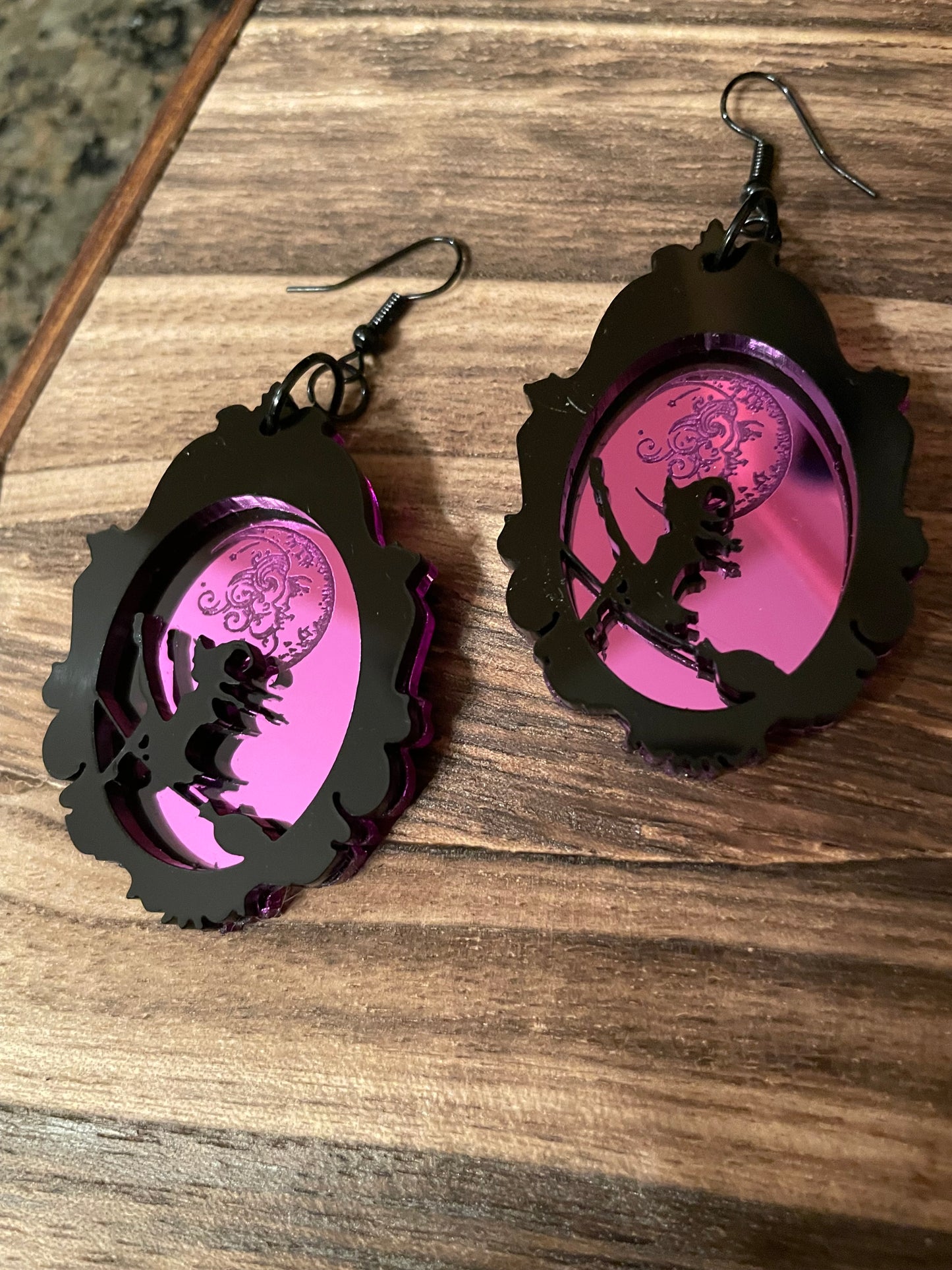 Witch and Moon Framed Earrings/Purple Mirrored Acrylic/Goth/Ren Faire/Halloween