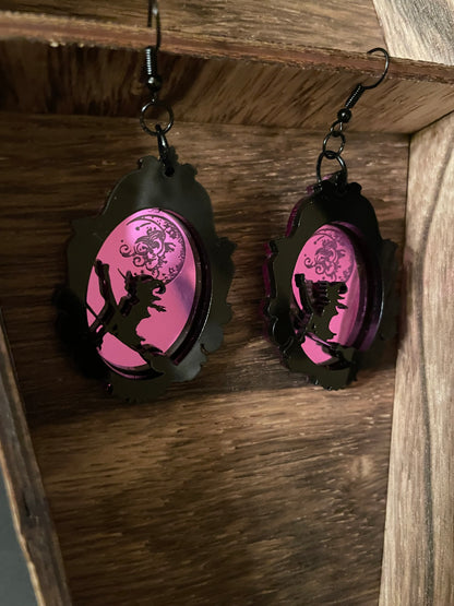 Witch and Moon Framed Earrings/Purple Mirrored Acrylic/Goth/Ren Faire/Halloween