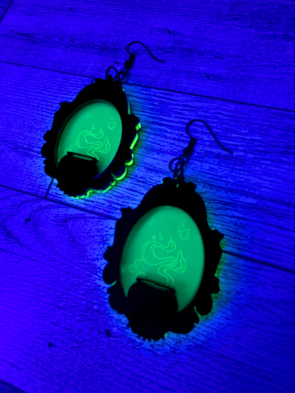 Boiling Cauldron Framed Earrings/GLOWS IN BLACKLIGHT/Fluorescent Neon Green Mirrored Acrylic/Goth/Ren Faire/Halloween