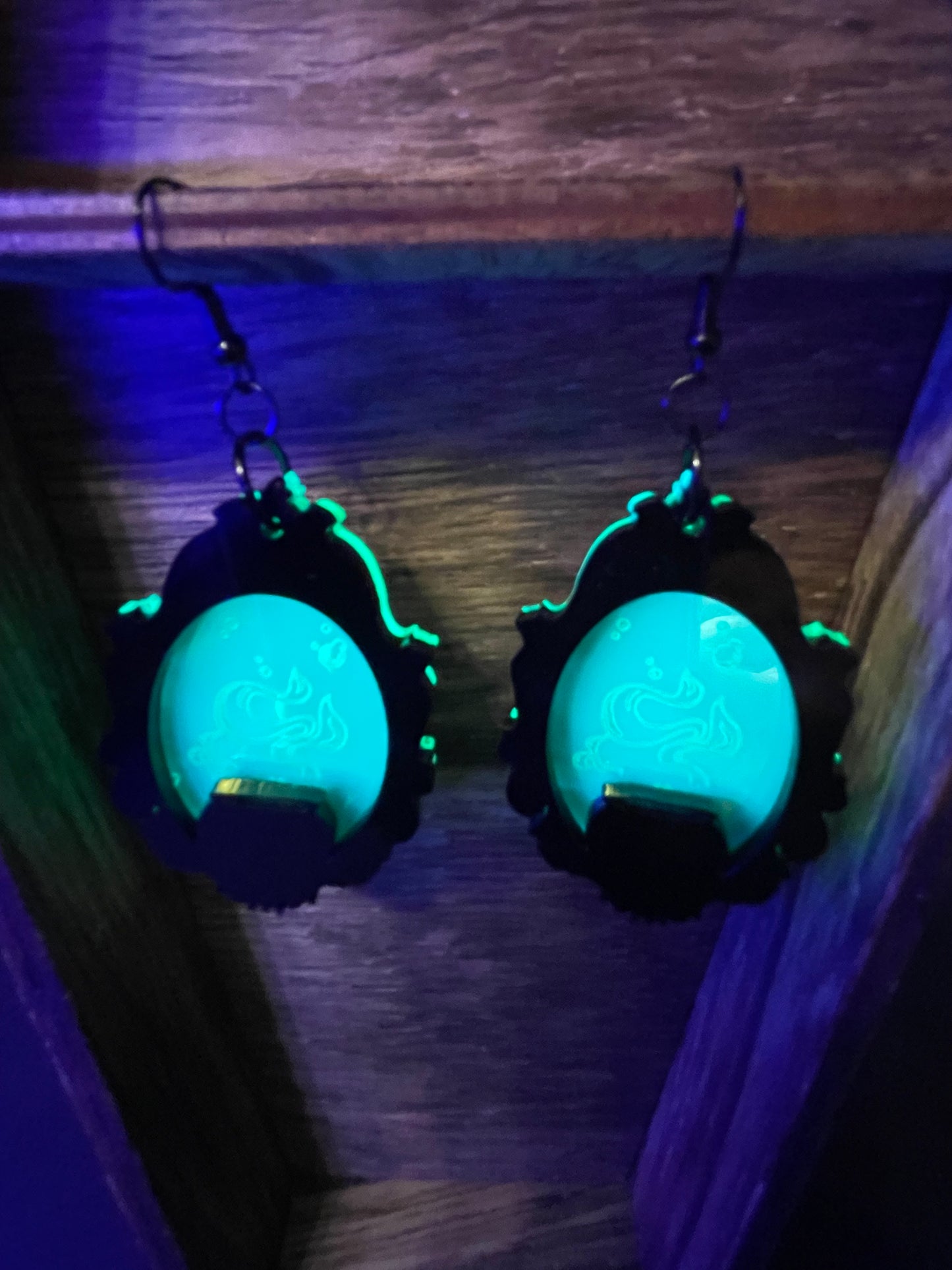 Boiling Cauldron Framed Earrings/GLOWS IN BLACKLIGHT/Fluorescent Neon Green Mirrored Acrylic/Goth/Ren Faire/Halloween