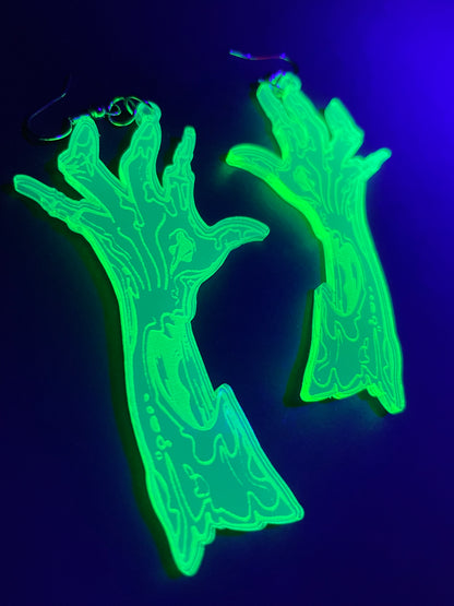 Zombie Hand Earrings/Fluorescent Neon Green Acrylic/Glows in Blacklight!!