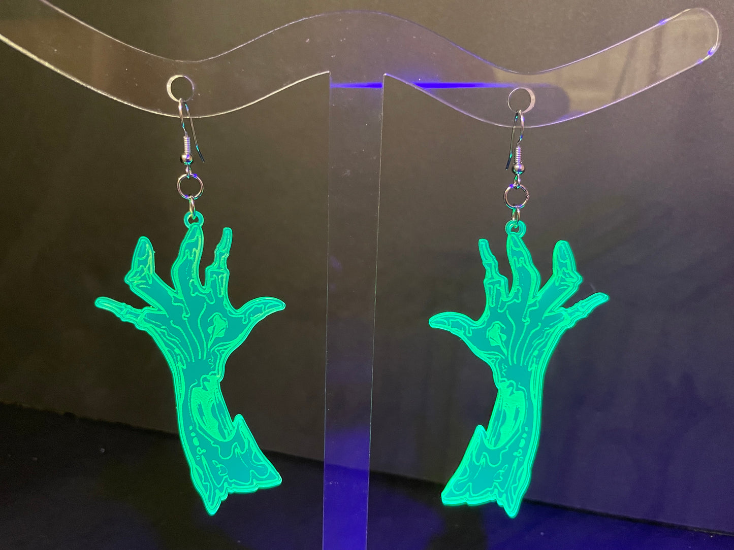 Zombie Hand Earrings/Fluorescent Neon Green Acrylic/Glows in Blacklight!!