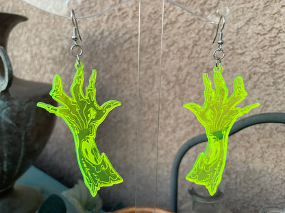 Zombie Hand Earrings/Fluorescent Neon Green Acrylic/Glows in Blacklight!!