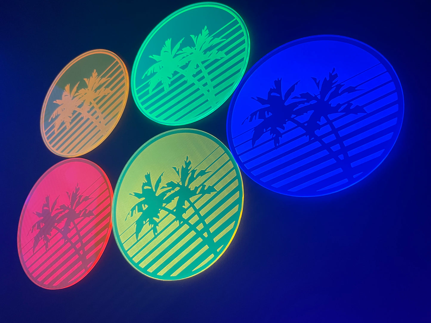 Vaporwave Palm Tree Sunset Coasters/5 Piece Set/Fluorescent Neon Acrylic/Rainbow/80's/Synthwave/Rave