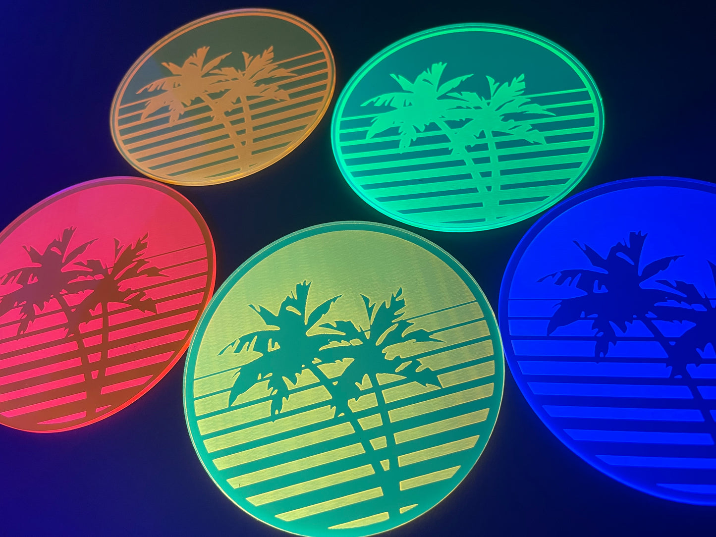 Vaporwave Palm Tree Sunset Coasters/5 Piece Set/Fluorescent Neon Acrylic/Rainbow/80's/Synthwave/Rave