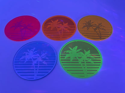 Vaporwave Palm Tree Sunset Coasters/5 Piece Set/Fluorescent Neon Acrylic/Rainbow/80's/Synthwave/Rave