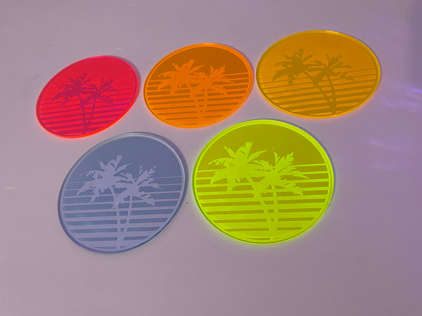 Vaporwave Palm Tree Sunset Coasters/5 Piece Set/Fluorescent Neon Acrylic/Rainbow/80's/Synthwave/Rave