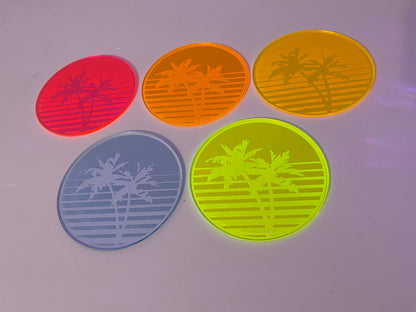 Vaporwave Palm Tree Sunset Coasters/5 Piece Set/Fluorescent Neon Acrylic/Rainbow/80's/Synthwave/Rave