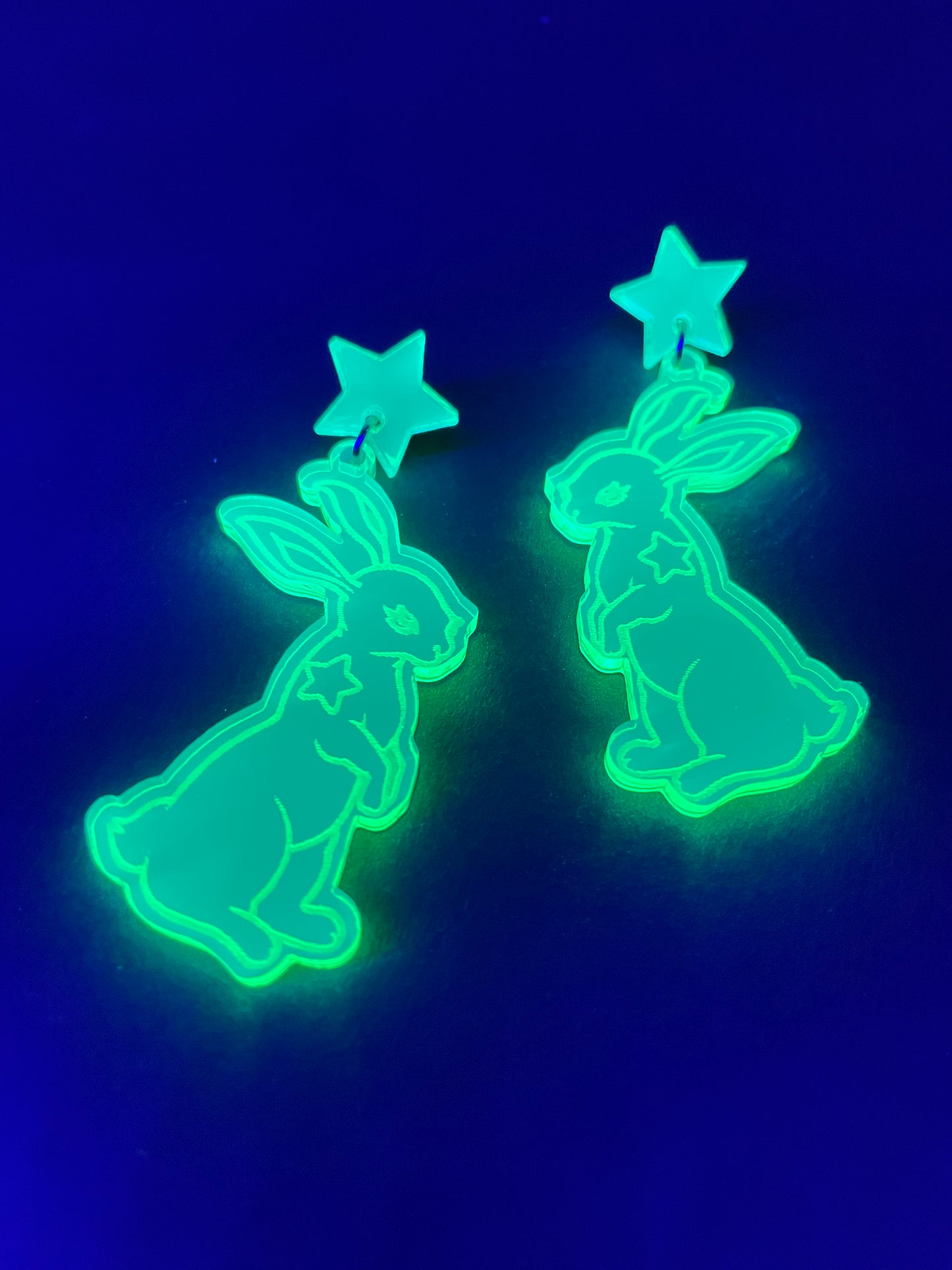 White Rabbit Earrings/Fluorescent Neon Green Acrylic/Matrix/EDC/Rave/Cyberpunk/Black Light