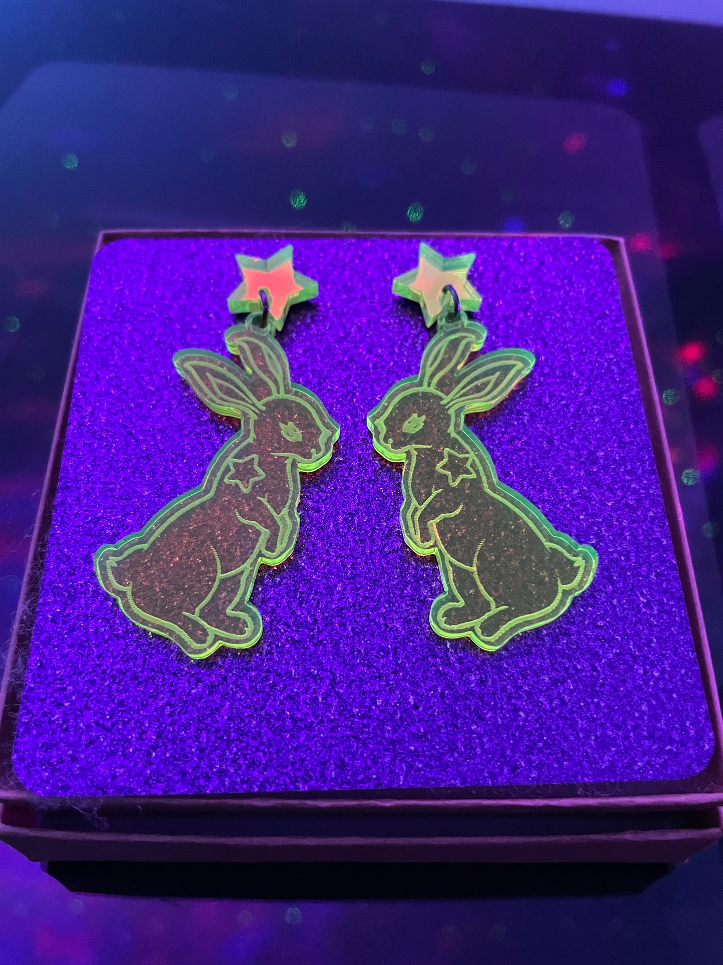 White Rabbit Earrings/Fluorescent Neon Green Acrylic/Matrix/EDC/Rave/Cyberpunk/Black Light