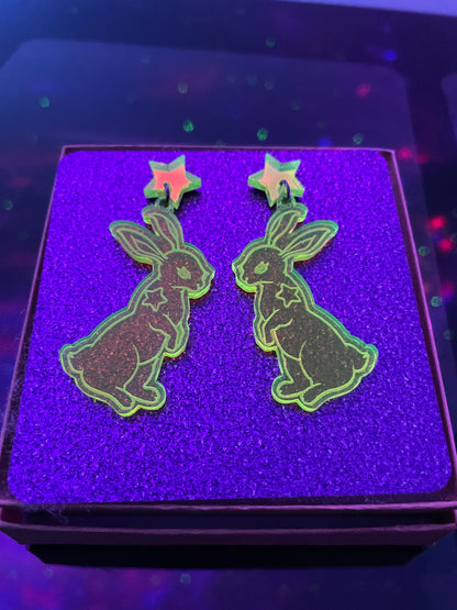 White Rabbit Earrings/Fluorescent Neon Green Acrylic/Matrix/EDC/Rave/Cyberpunk/Black Light