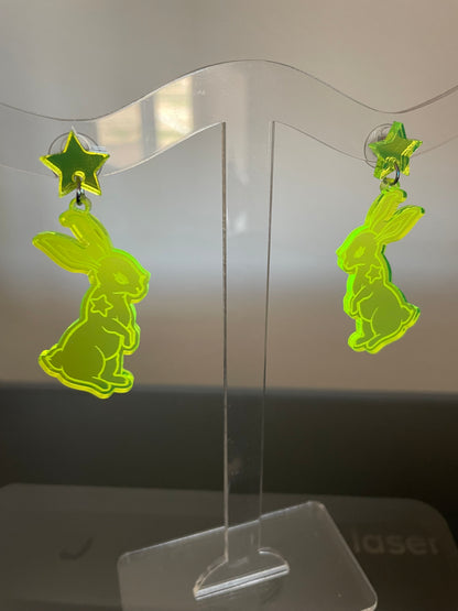 White Rabbit Earrings/Fluorescent Neon Green Acrylic/Matrix/EDC/Rave/Cyberpunk/Black Light