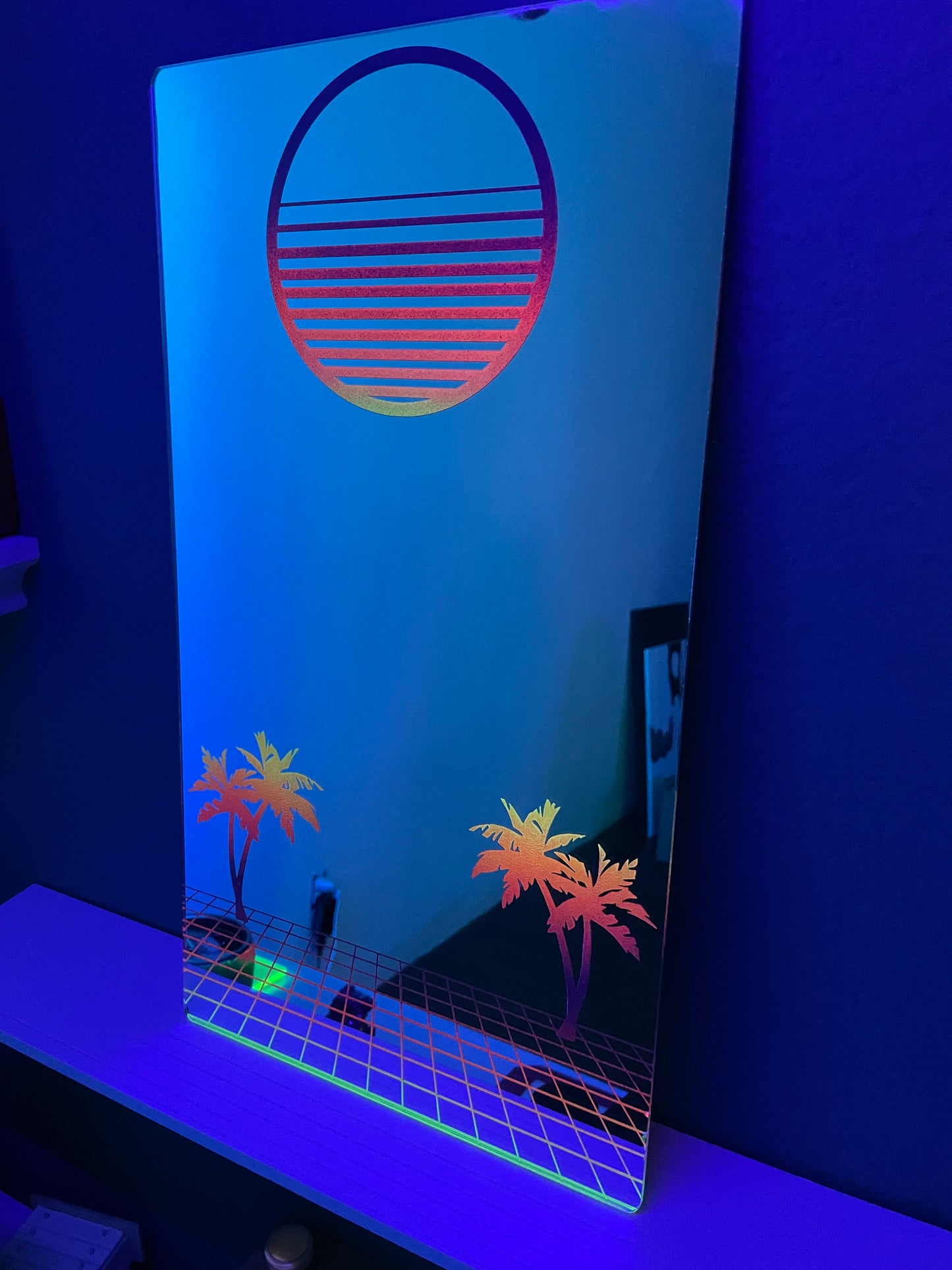 Vaporwave 80's Wall Mirror/Hand Painted/Glows in Blacklight!/18"x10"/Retro/New Wave/Neon Art