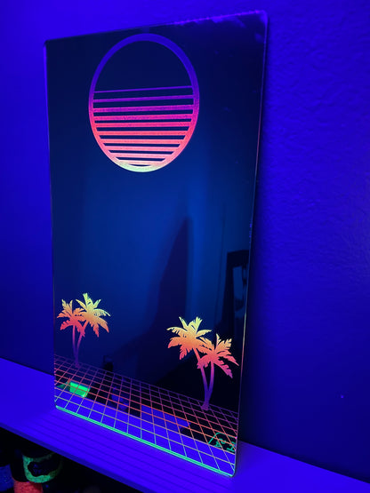 Vaporwave 80's Wall Mirror/Hand Painted/Glows in Blacklight!/18"x10"/Retro/New Wave/Neon Art